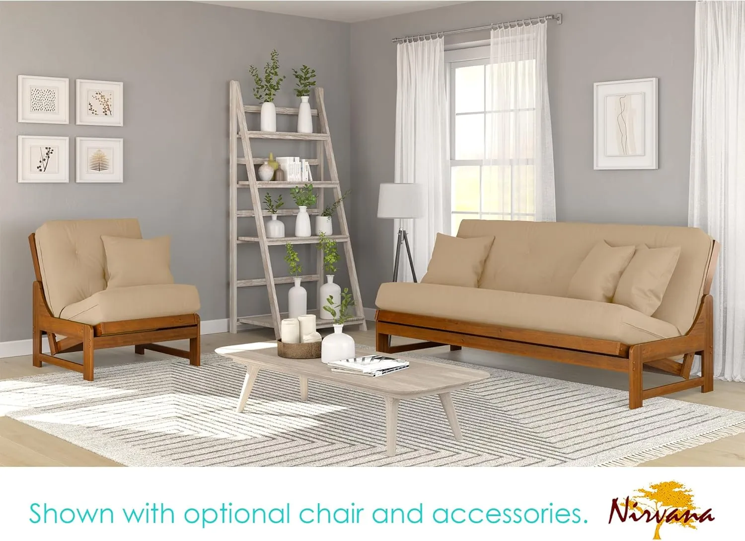 Arden Futon Set - Full Size, Frame, 8" Mattress, Microfiber Sussex Khaki Cover