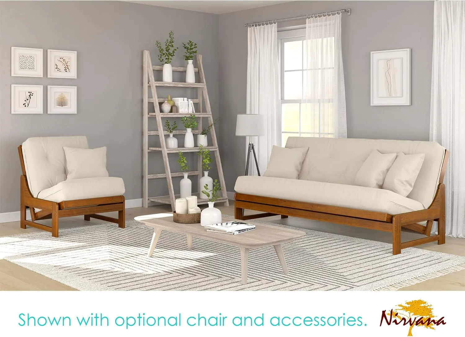 Arden Futon Set - Full Size, Frame, 8" Mattress, Twill Ivory Cover