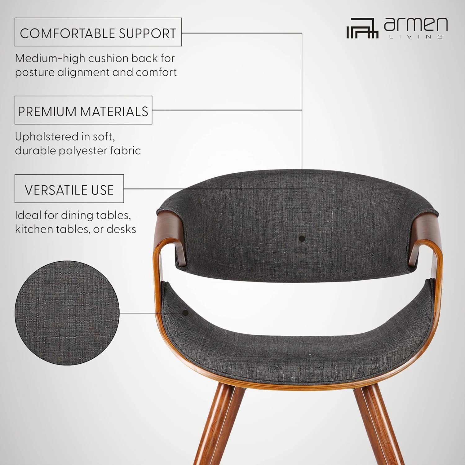 Armen Living Butterfly Dining Chair in Charcoal Fabric and Walnut Wood Finish 22D x 21W x 29H in