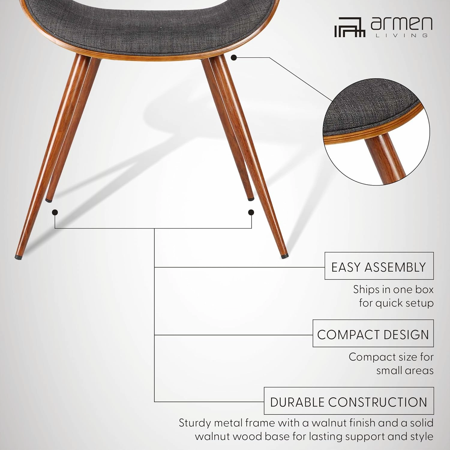Armen Living Butterfly Dining Chair in Charcoal Fabric and Walnut Wood Finish 22D x 21W x 29H in