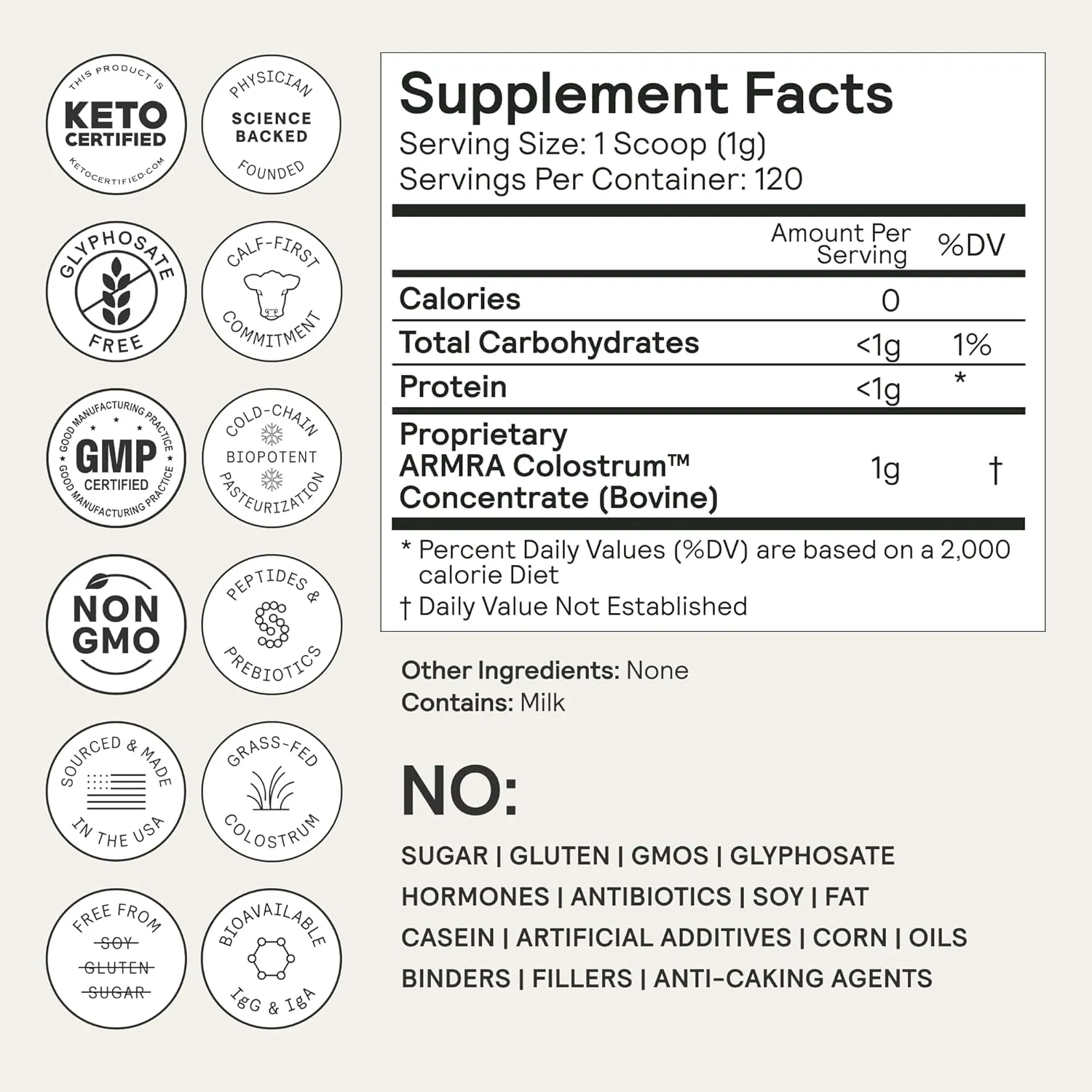 ARMRA Colostrum™ Premium Powder, Grass Fed, Gut Health Bloating Immunity Skin & Hair, Contains 400  Bioactive Nutrients, Potent Bioavailable, Keto, Gluten & Fat Free (Unflavored | 120 Servings)