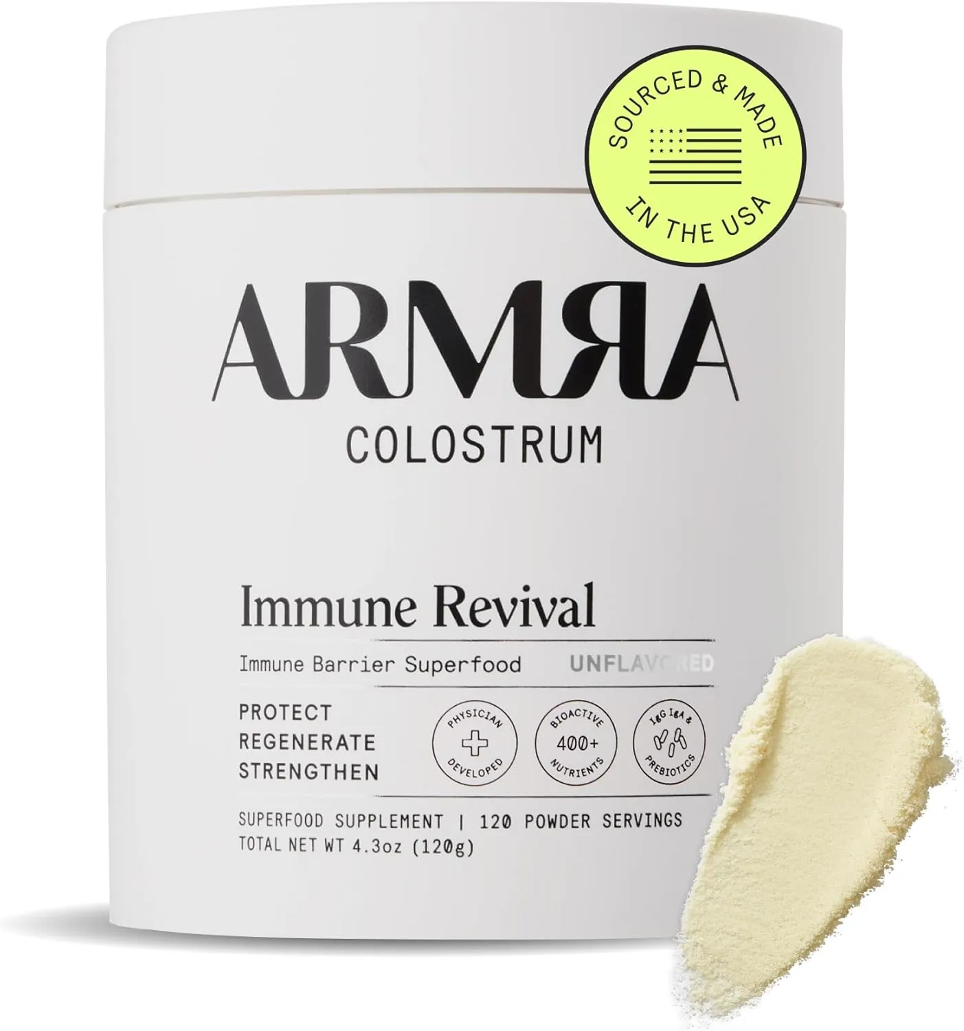 ARMRA Colostrum™ Premium Powder, Grass Fed, Gut Health Bloating Immunity Skin & Hair, Contains 400  Bioactive Nutrients, Potent Bioavailable, Keto, Gluten & Fat Free (Unflavored | 120 Servings)