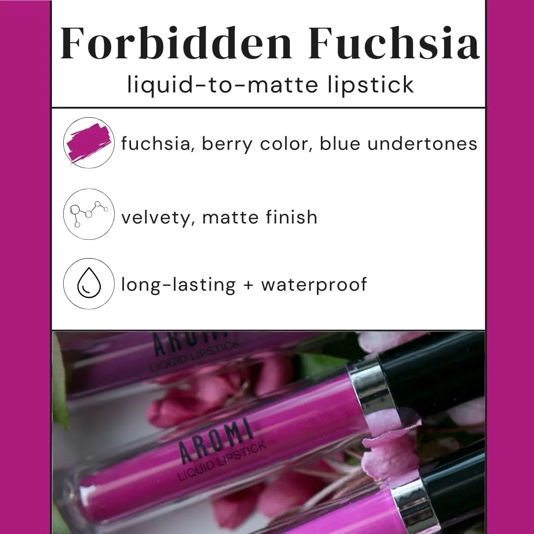 Aromi Matte Liquid Lipstick | Long-Lasting, Smudge Proof, Purple Magenta Lip Color, Waterproof, Pink Raspberry, Paraben, Phthalate,   Gluten Free (Forbidden Fuchsia)