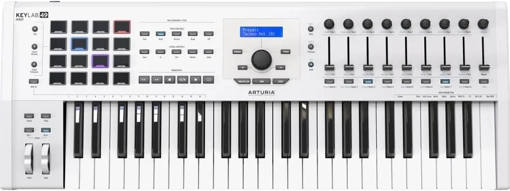 Arturia KeyLab 49 MkII Professional MIDI Controller and Software | White Bundled with Patch Cables |4pk   MIDI Cable   Cleaning Cloth   Keyboard Stand (5 Items)
