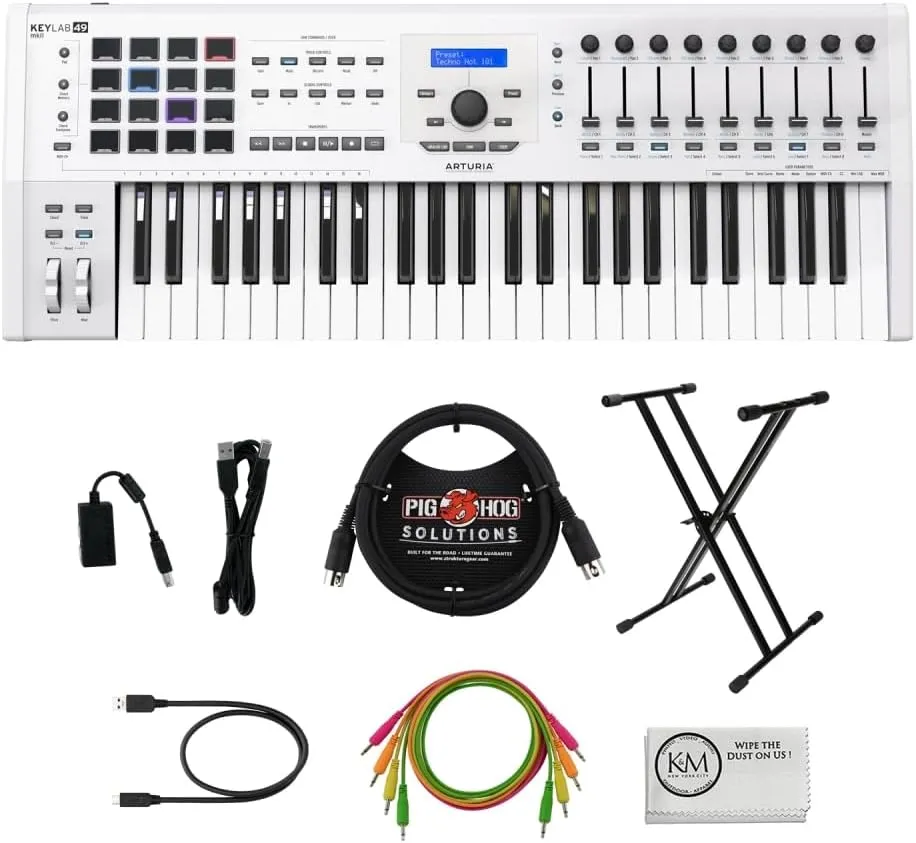 Arturia KeyLab 49 MkII Professional MIDI Controller and Software | White Bundled with Patch Cables |4pk   MIDI Cable   Cleaning Cloth   Keyboard Stand (5 Items)