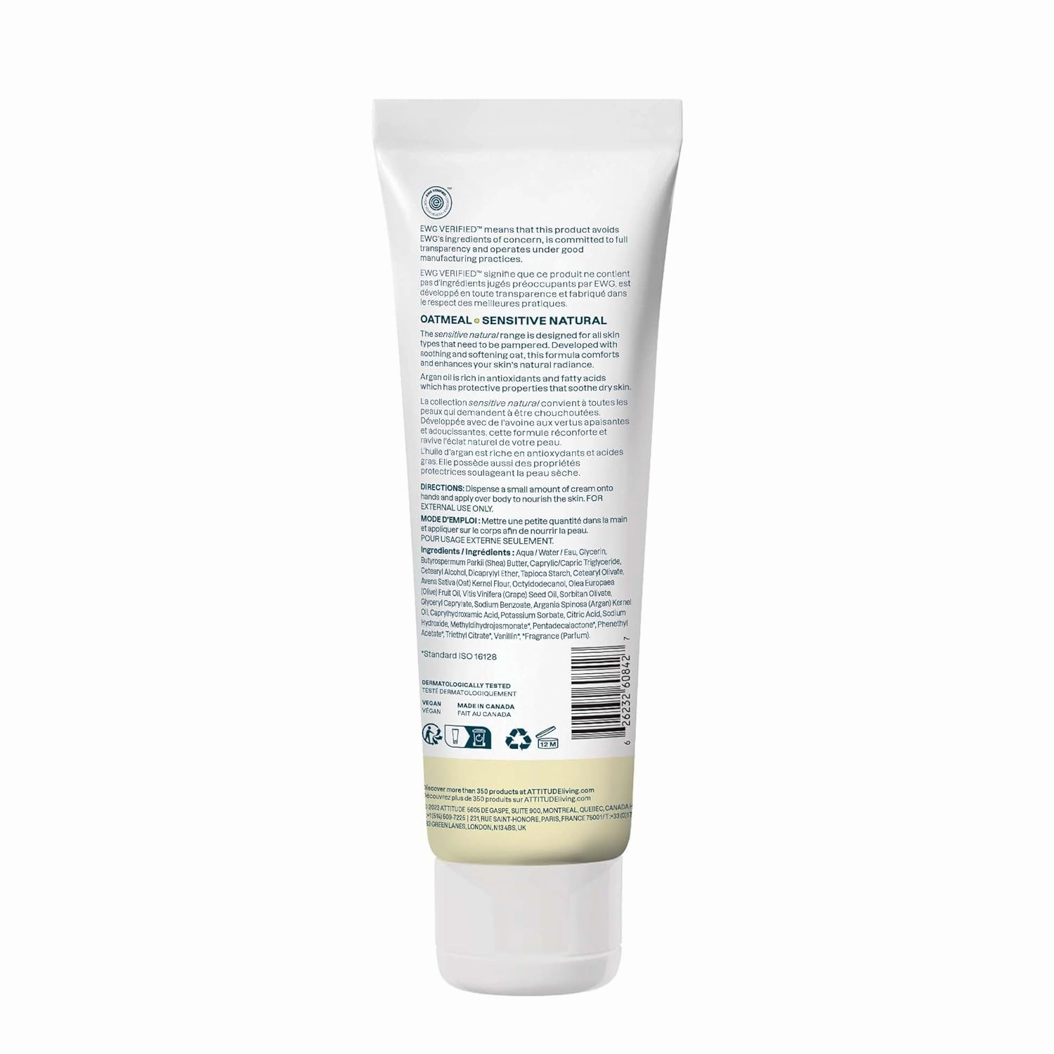 ATTITUDE Body Cream for Sensitive Skin with Oat, EWG Verified, Dermatologically Tested, Vegan, Argan Oil, 8 Fl Oz