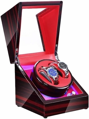 Automatic Double Watch Winder Box with LED Illumination, Piano Paint Exterior, 4 Rotation Modes, Dual Power Supply (Red)(Red)