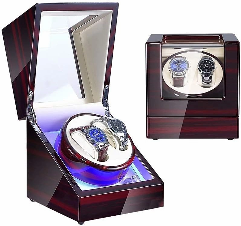 Automatic Watch Winder,Watch 1 Pcs Double Watch Winder for Automatic Watches, with Blue Led Light, Wood Shell Piano Paint Exterior,Super Quiet Japanese Motor,Red White