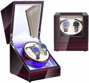 Automatic Watch Winder,Watch 1 Pcs Double Watch Winder for Automatic Watches, with Blue Led Light, Wood Shell Piano Paint Exterior,Super Quiet Japanese Motor,Red White