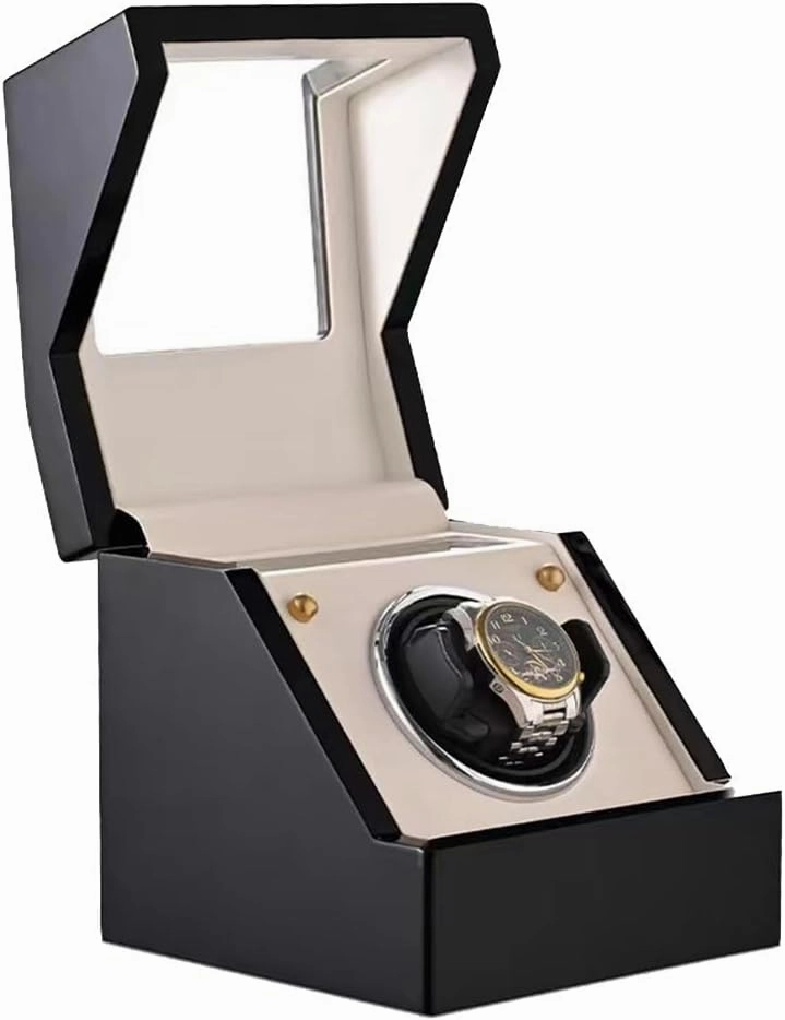 Automatic Watch Winder Watch Rotator with Super Quiet Motor Flexible Watch Pillows Watch Turner Watch Shaker 4 Modes Battery Or AC Adapter Wood (Black A)