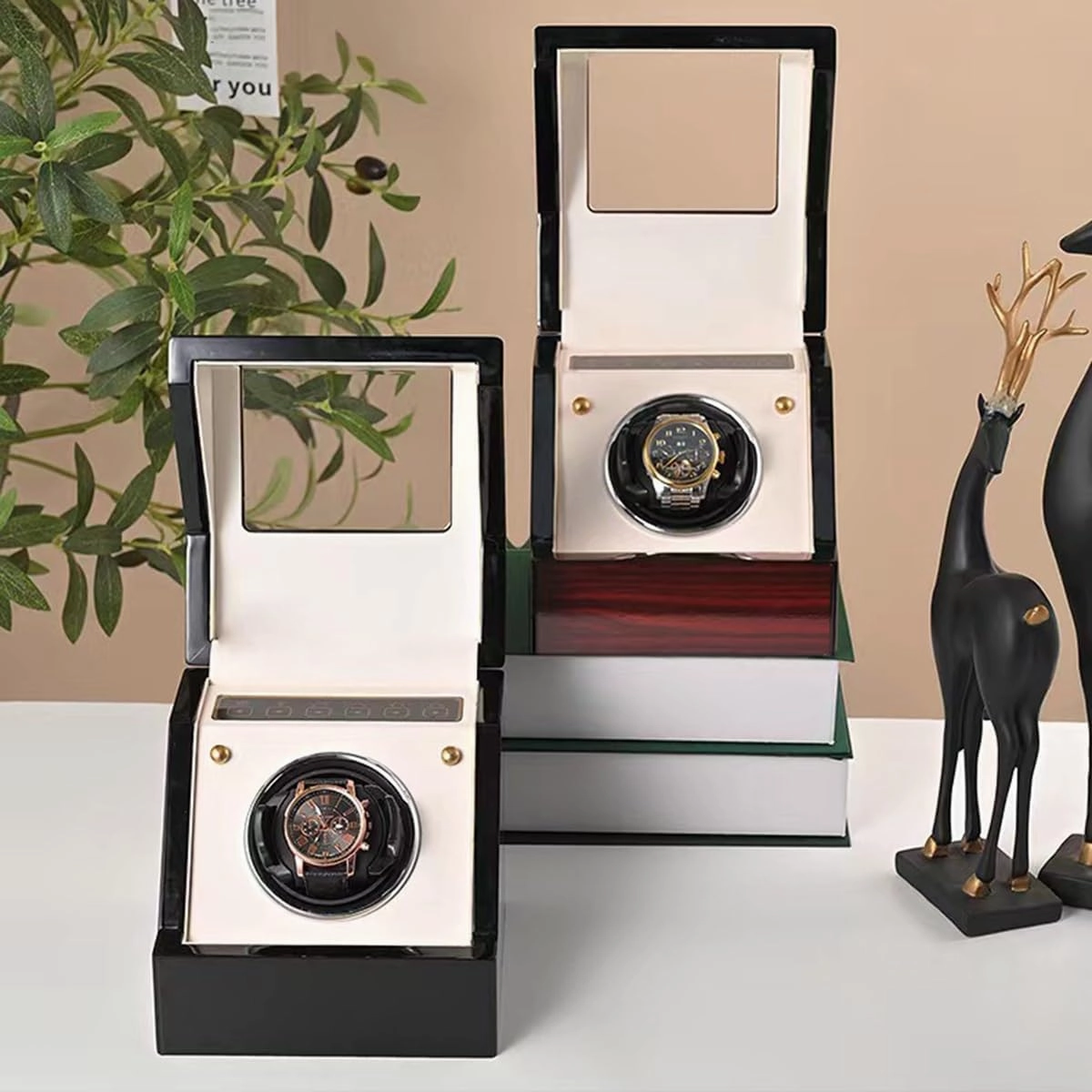 Automatic Watch Winder Watch Rotator with Super Quiet Motor Flexible Watch Pillows Watch Turner Watch Shaker 4 Modes Battery Or AC Adapter Wood