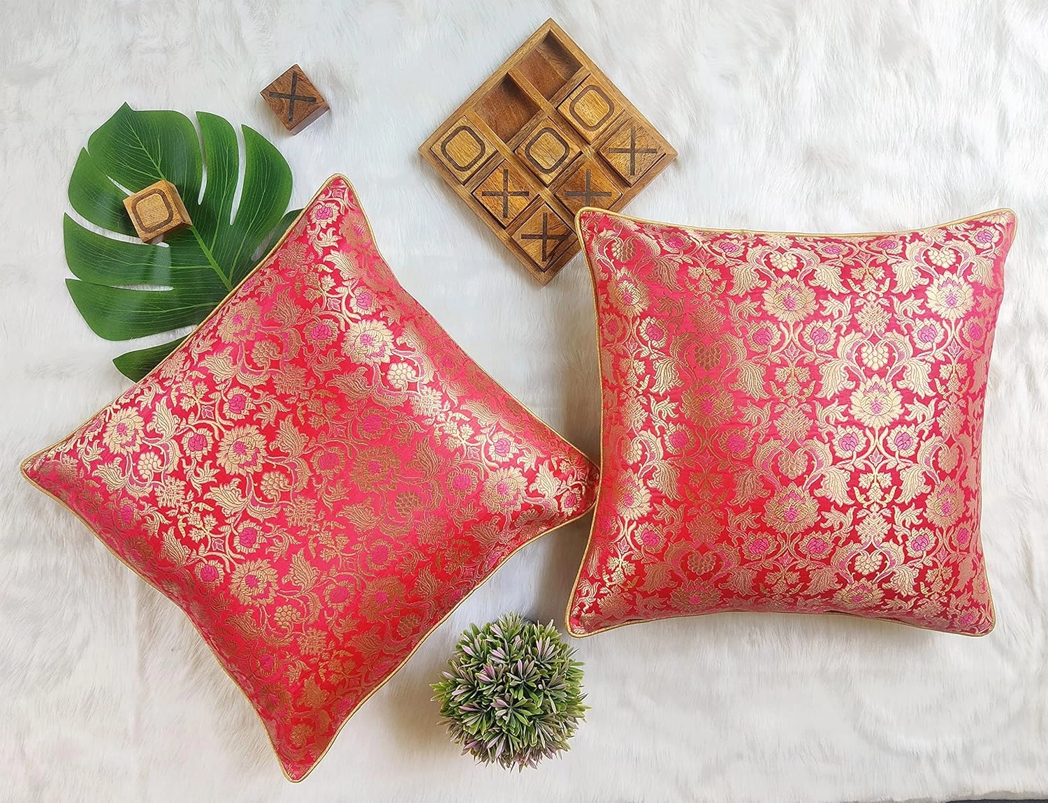 AVKA Studio Craftbot Floral Throw Pillow Covers - Pack of 2 Faux Silk Brocade Decorative Pillows - 18x18 - Coral/Dark Peach - Indian Cushion Cover - Cover Only