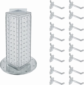 Azar Displays 700220-CLR-2C16 Four-Sided 4”W x 12” Revolving Pegboard Tower Kit Counter Display with 16-Pack of 2 inch Locking Hooks, Clear