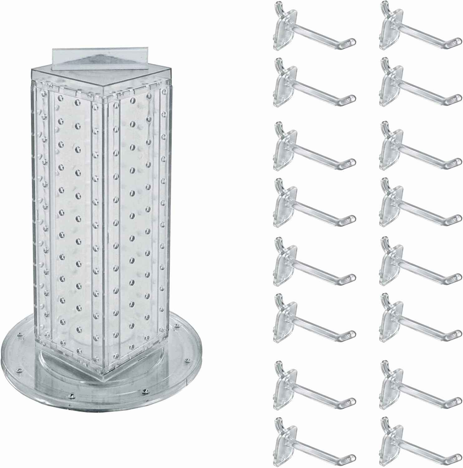 Azar Displays 700220-CLR-2C16 Four-Sided 4”W x 12” Revolving Pegboard Tower Kit Counter Display with 16-Pack of 2 inch Locking Hooks, Clear