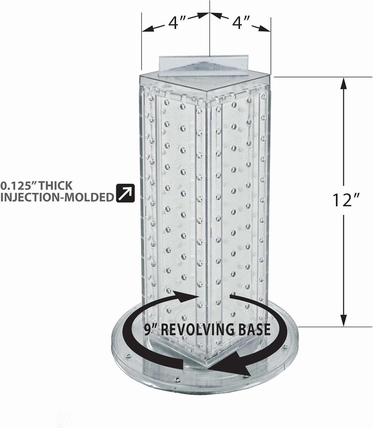 Azar Displays 700220-CLR-2C16 Four-Sided 4”W x 12” Revolving Pegboard Tower Kit Counter Display with 16-Pack of 2 inch Locking Hooks, Clear