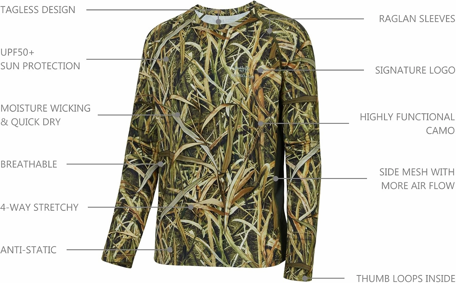 BASSDASH Men's Hunting Camo Performance Long Sleeve Shirt Fishing UPF50  FS13M
