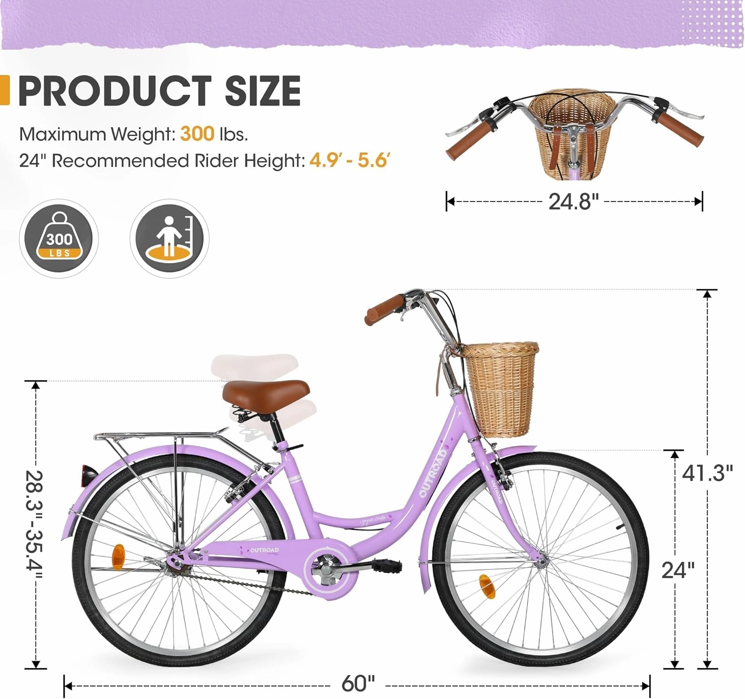 Beach Cruiser Bike for Women and Men, 24 26 inch Female Commuter Bicycle with Basket, 1 Speed Womens Bike with Rear Rack/High-Carbon Steel/Front & Rear Fenders, Multi Color