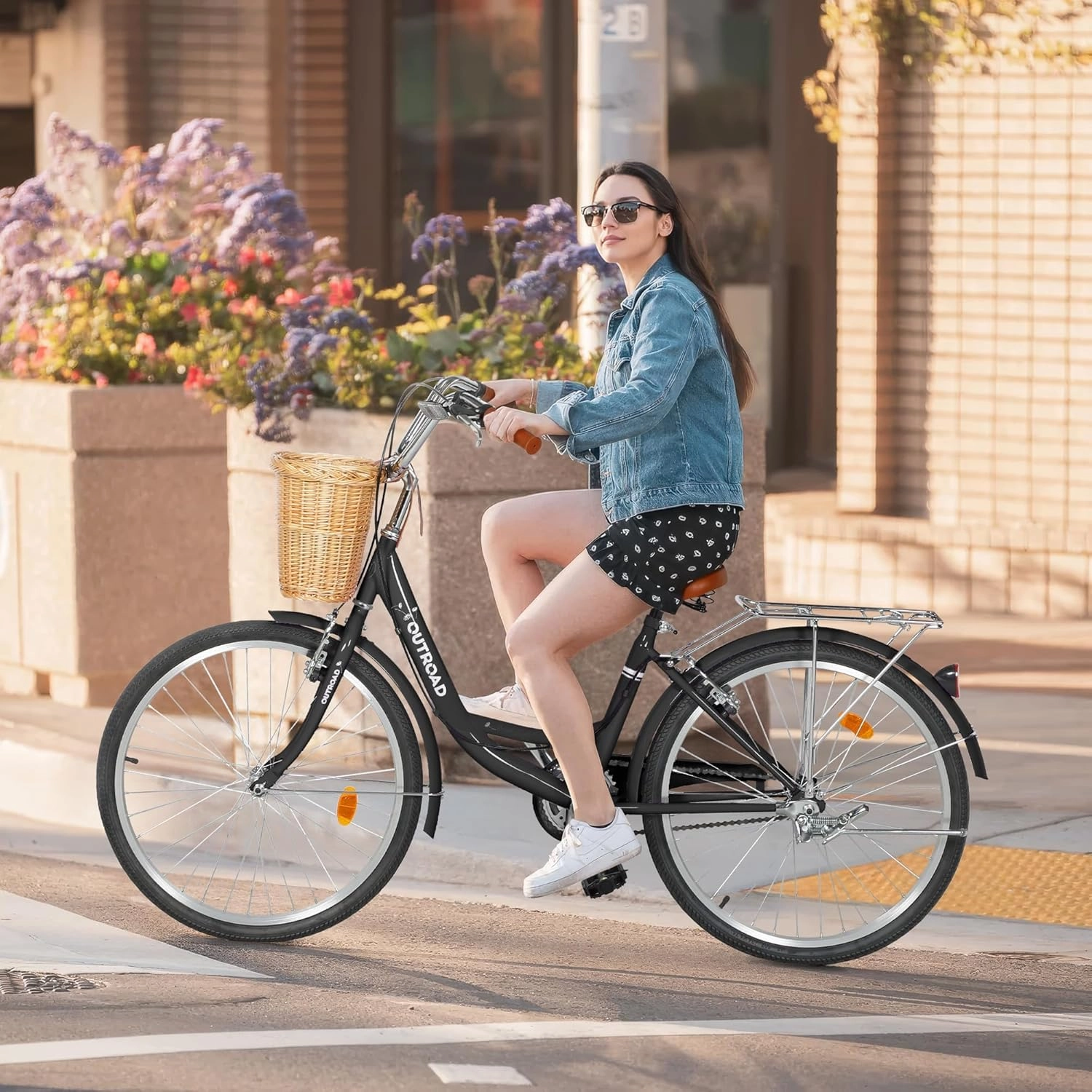 Beach Cruiser Bike for Women and Men, 24 26 inch Female Commuter Bicycle with Basket, 1 Speed Womens Bike with Rear Rack/High-Carbon Steel/Front & Rear Fenders, Multi Color