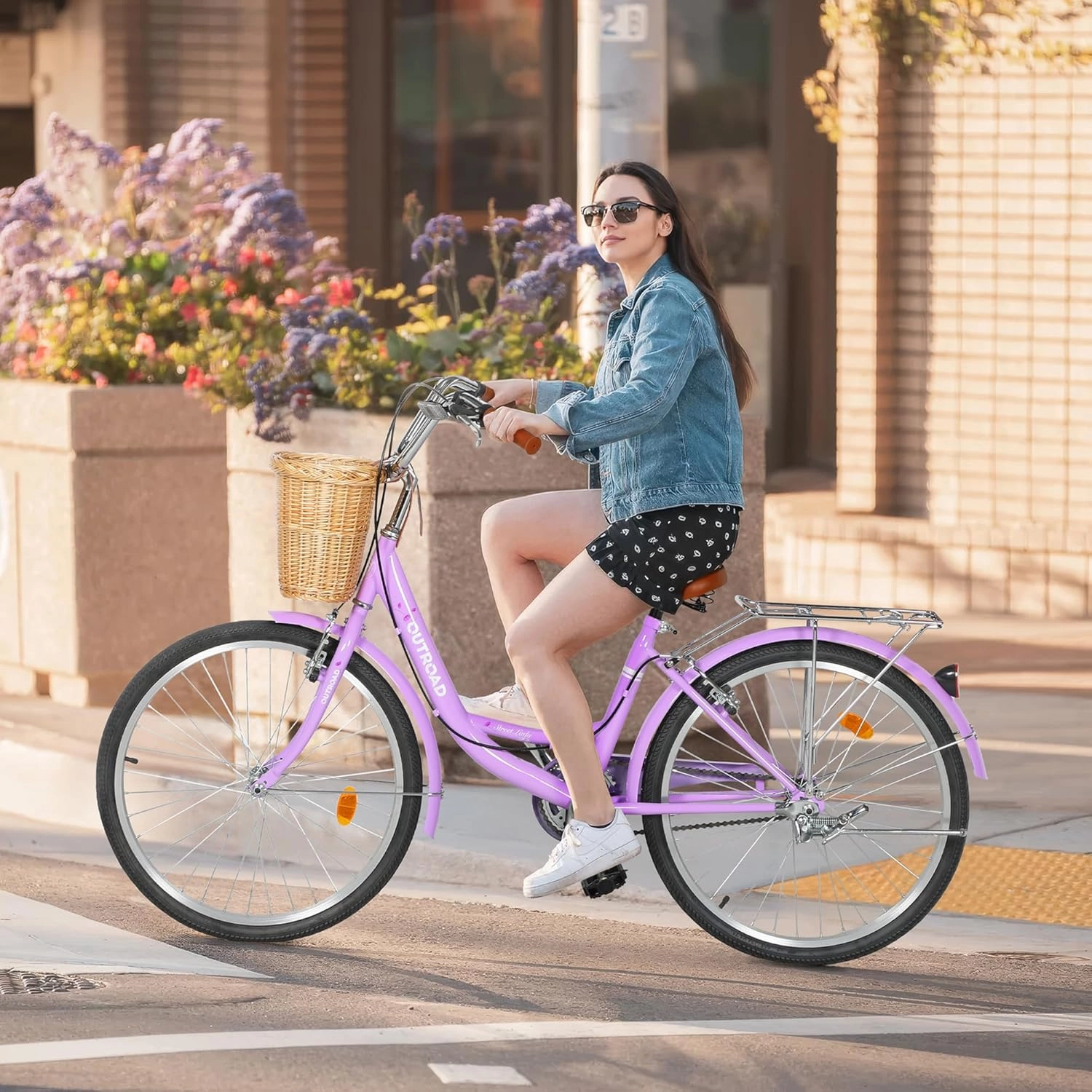 Beach Cruiser Bike for Women and Men, 24 26 inch Female Commuter Bicycle with Basket, 1 Speed Womens Bike with Rear Rack/High-Carbon Steel/Front & Rear Fenders, Multi Color