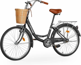 Beach Cruiser Bike for Women and Men, 24 26 inch Female Commuter Bicycle with Basket, 1 Speed Womens Bike with Rear Rack/High-Carbon Steel/Front & Rear Fenders, Multi Color