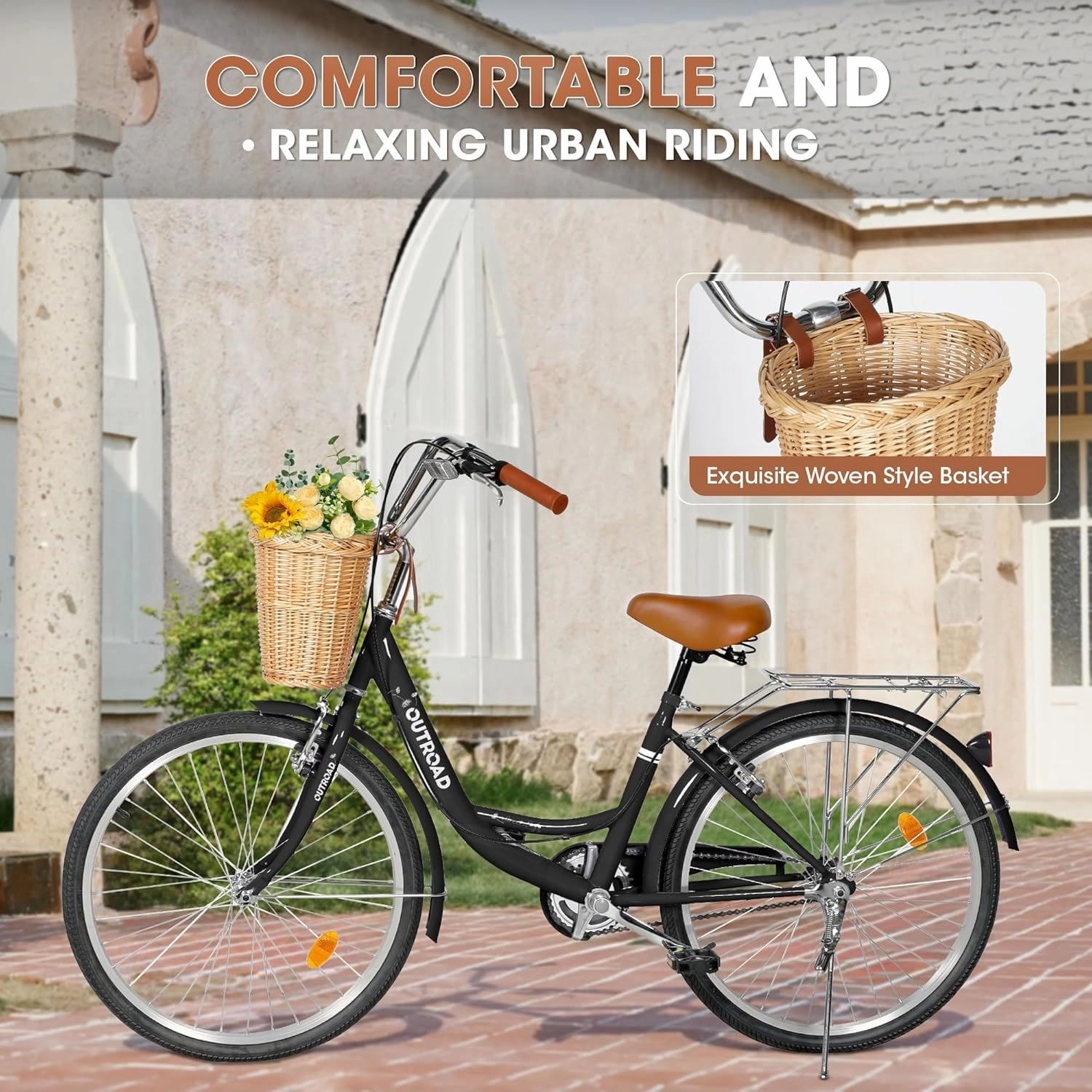 Beach Cruiser Bike for Women and Men, 24 26 inch Female Commuter Bicycle with Basket, 1 Speed Womens Bike with Rear Rack/High-Carbon Steel/Front & Rear Fenders, Multi Color