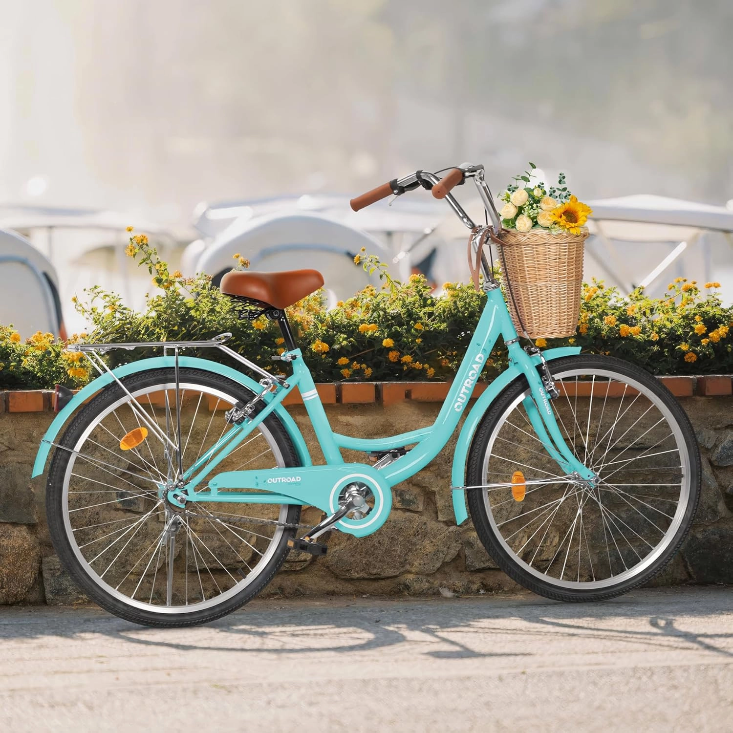 Beach Cruiser Bike for Women and Men, 24 26 inch Female Commuter Bicycle with Basket, 1 Speed Womens Bike with Rear Rack/High-Carbon Steel/Front & Rear Fenders, Multi Color