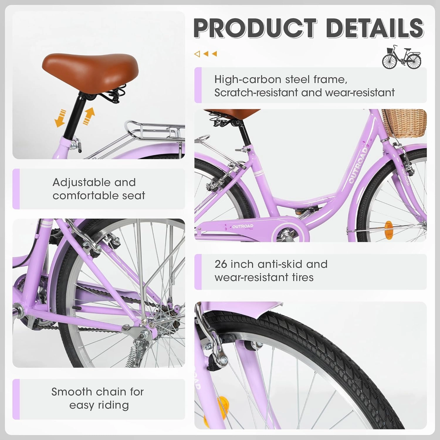 Beach Cruiser Bike for Women and Men, 24 26 inch Female Commuter Bicycle with Basket, 1 Speed Womens Bike with Rear Rack/High-Carbon Steel/Front & Rear Fenders, Multi Color