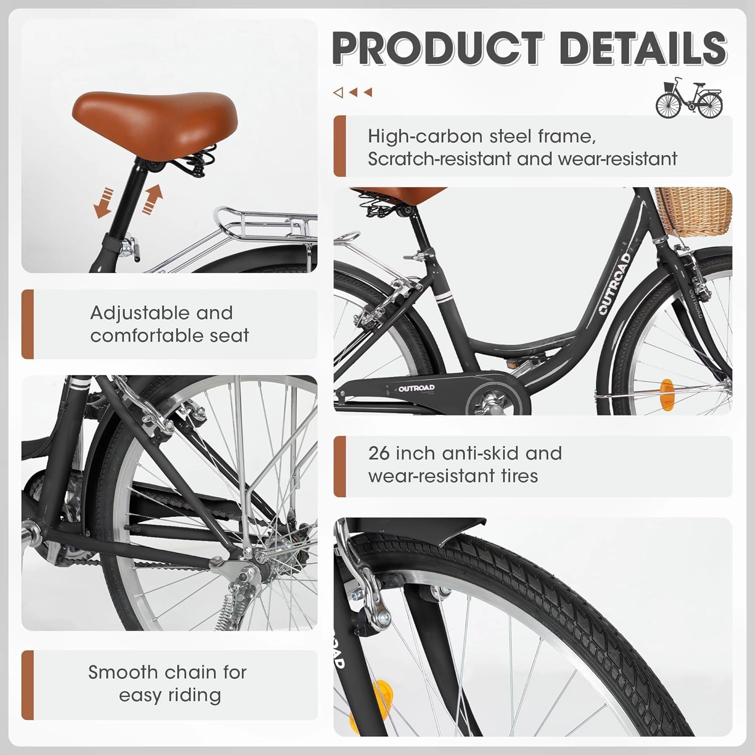 Beach Cruiser Bike for Women and Men, 24 26 inch Female Commuter Bicycle with Basket, 1 Speed Womens Bike with Rear Rack/High-Carbon Steel/Front & Rear Fenders, Multi Color