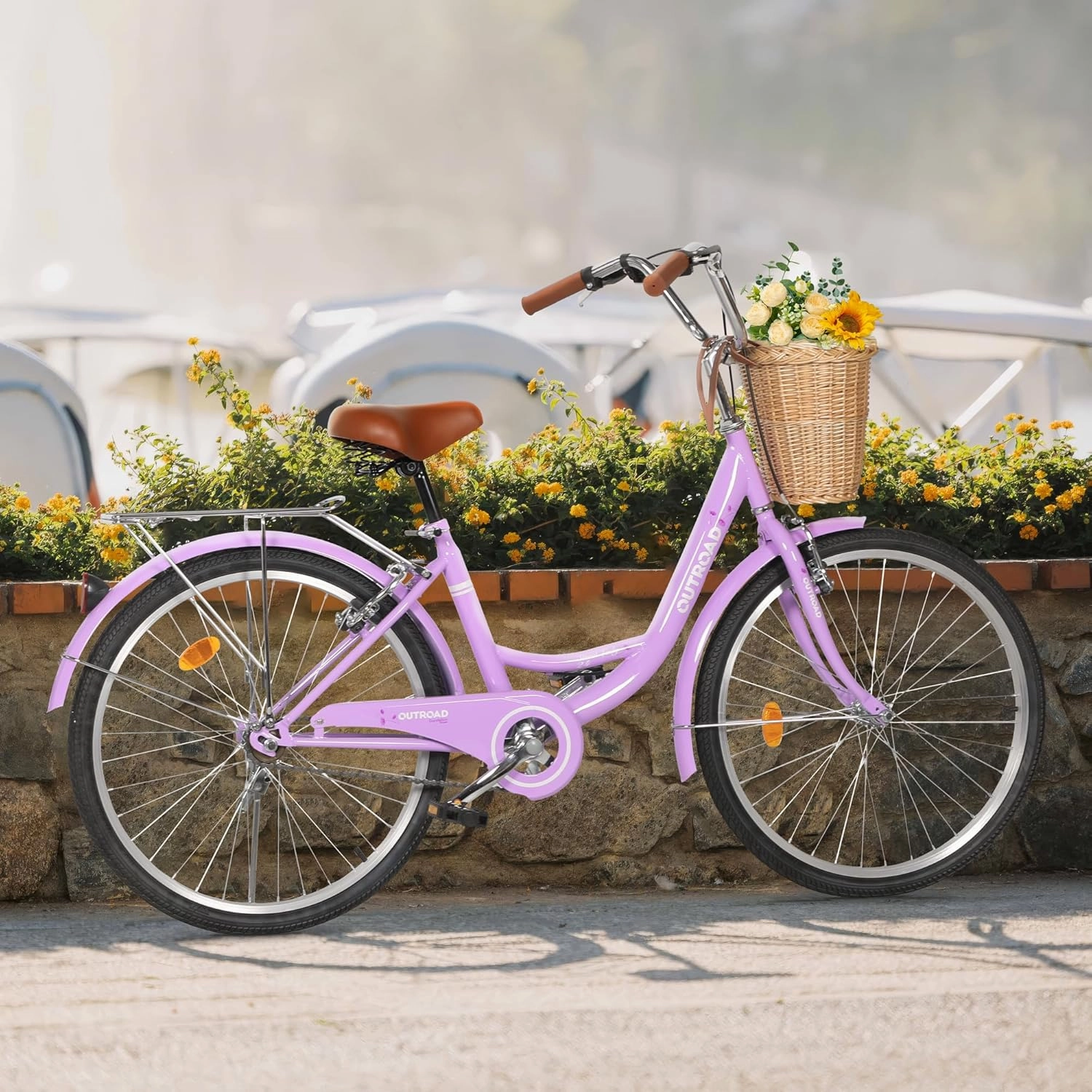 Beach Cruiser Bike for Women and Men, 24 26 inch Female Commuter Bicycle with Basket, 1 Speed Womens Bike with Rear Rack/High-Carbon Steel/Front & Rear Fenders, Multi Color