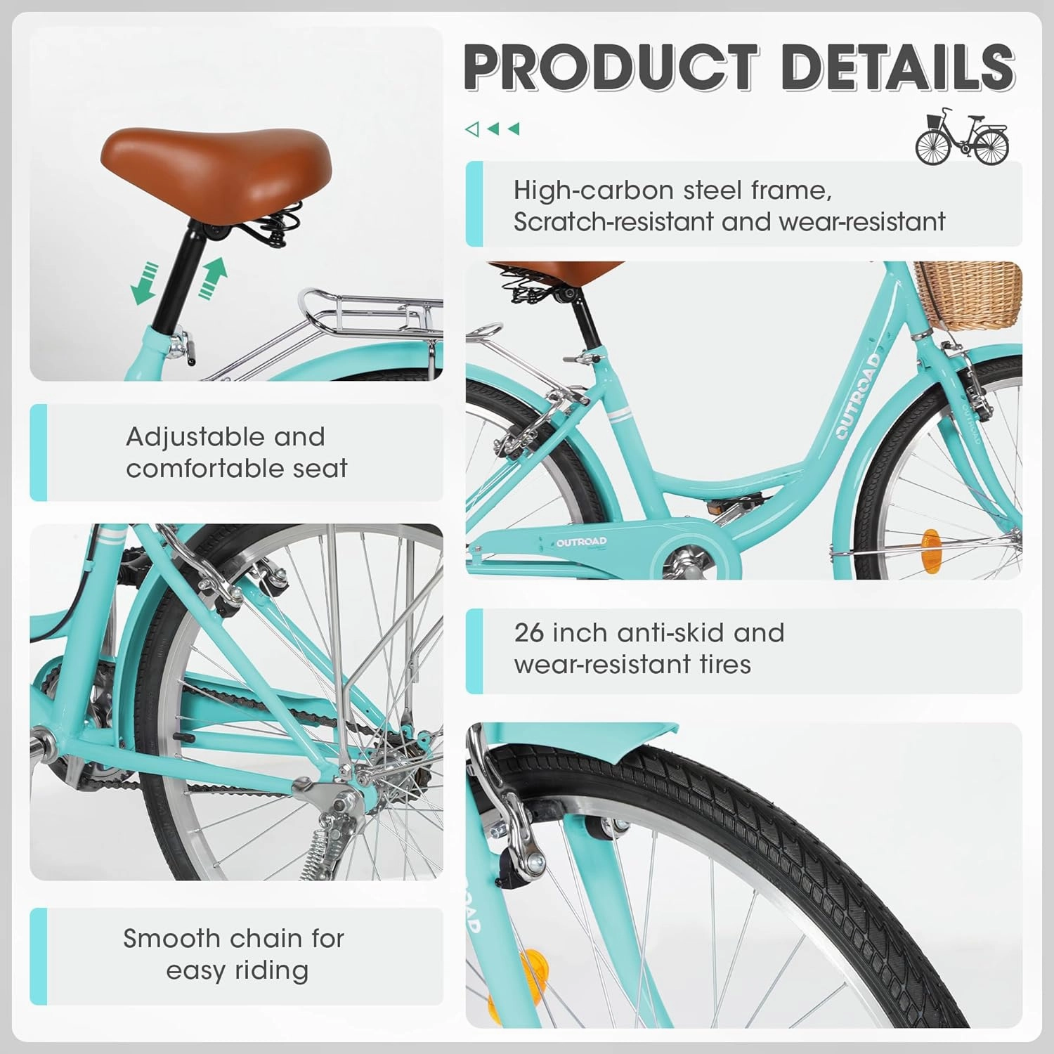 Beach Cruiser Bike for Women and Men, 24 26 inch Female Commuter Bicycle with Basket, 1 Speed Womens Bike with Rear Rack/High-Carbon Steel/Front & Rear Fenders, Multi Color