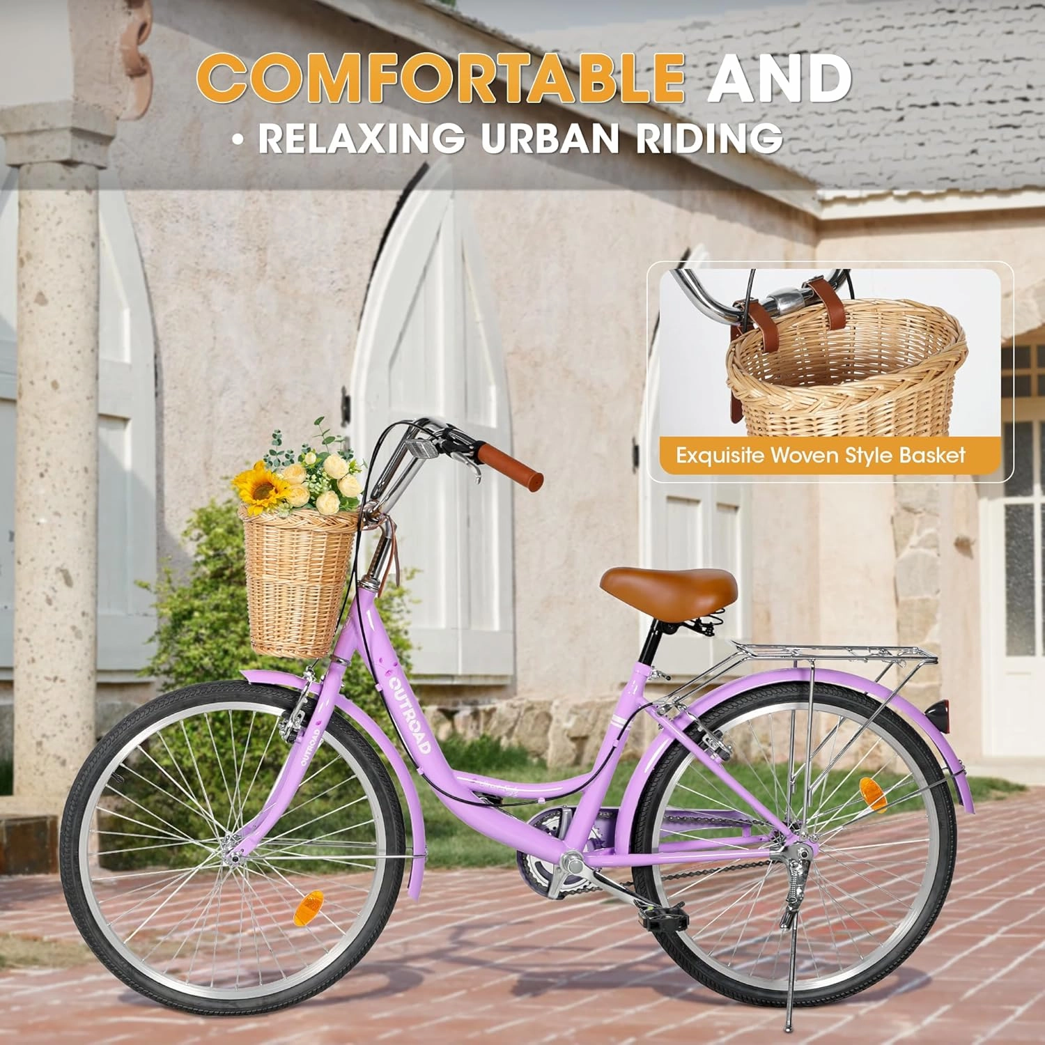 Beach Cruiser Bike for Women and Men, 24 26 inch Female Commuter Bicycle with Basket, 1 Speed Womens Bike with Rear Rack/High-Carbon Steel/Front & Rear Fenders, Multi Color