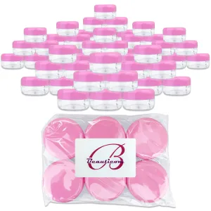 Beauticom 15 gram/15ml Empty Clear Small Round Travel Container Jars with Lids for Make Up Powders, Eyeshadow Pigments, Lotions, Creams, Lip Balm, Lip Gloss, Samples (60 Pieces, Pink Lid)