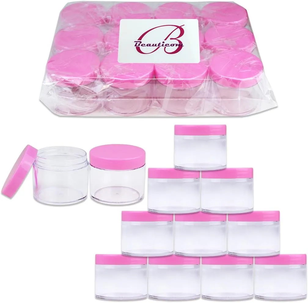 Beauticom® High-Grade Quality 2 oz./ 60 Grams/ 60 ML (Quantity: 36 Packs) Thick Wall Crystal Clear Plastic Jars Container with PINK Lids for Cosmetic, Lip Balm, Lip Gloss, Creams, Lotions, Liquids, Glitter, Charms, Nails - LEAK-PROOF JARS!!