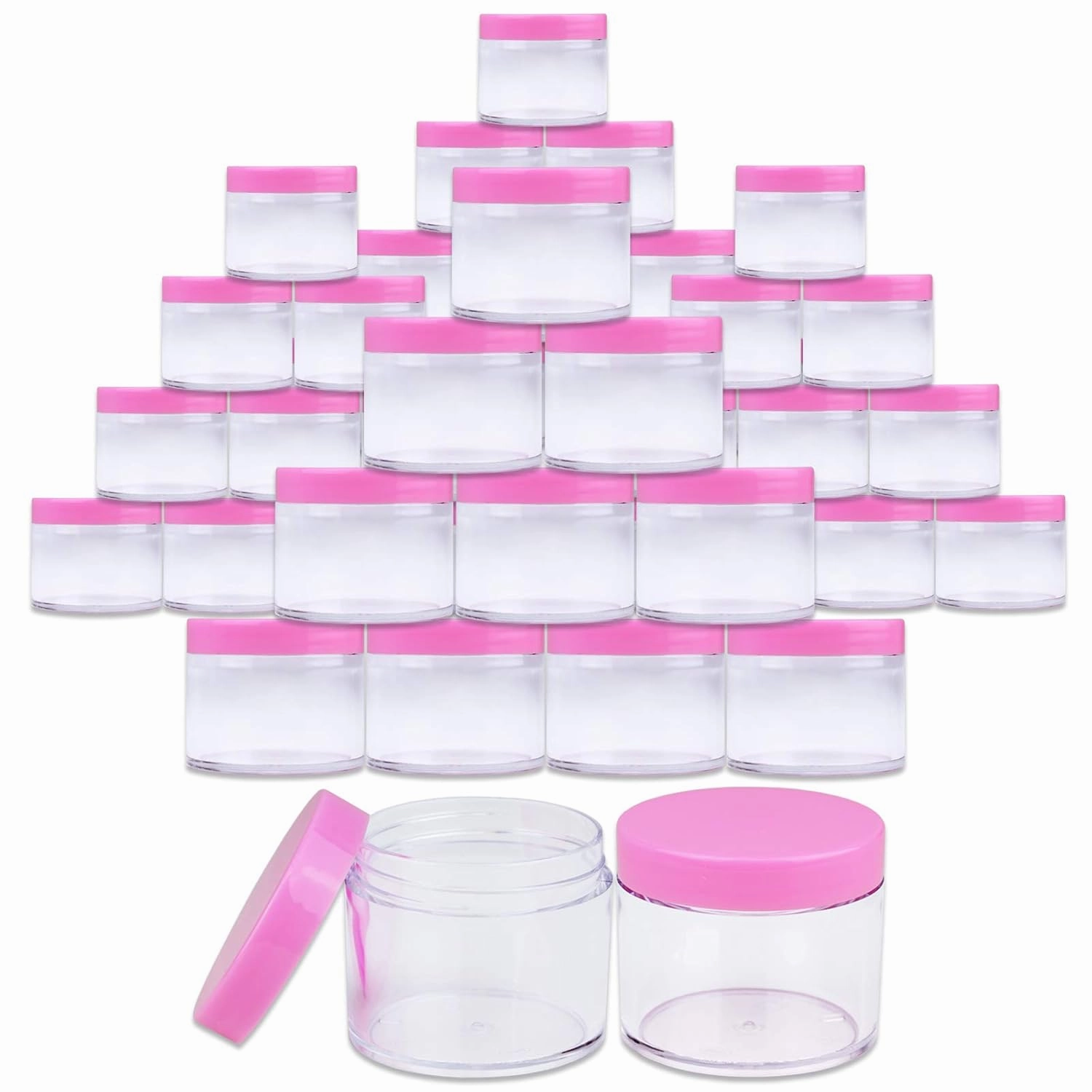 Beauticom® 2 oz./ 60 Grams/60 ML (Quantity: 384 Packs) Thick Wall Round Clear Plastic LEAK-PROOF Jars Container with PINK Lids for Cosmetic, Lip Balm, Lip Gloss, Creams, Lotions, Liquid