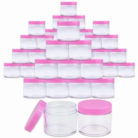 Beauticom® 2 oz./ 60 Grams/60 ML (Quantity: 384 Packs) Thick Wall Round Clear Plastic LEAK-PROOF Jars Container with PINK Lids for Cosmetic, Lip Balm, Lip Gloss, Creams, Lotions, Liquid