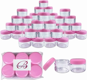 Beauticom 48 Pieces 30 Gram 30 ML (1 Ounce) Round Clear Small Jars with Pink Screw Cap Lid for Lip Gloss, Lip Balm, Hand Butter, Beard Wax, Scrubs, Lotion - BPA Free