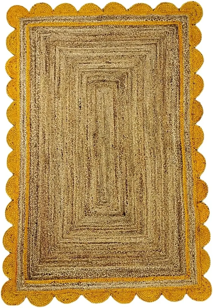 Beautiful Indian Handmade Braided Natural Jute with Yellow Scalloped Design Area Rug, Home Décor Rug Size - 2.6 x 9 Feet (78 cm x 270 cm)