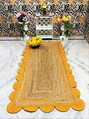 Beautiful Indian Handmade Braided Natural Jute with Yellow Scalloped Design Area Rug, Home Décor Rug Size - 2.6 x 9 Feet (78 cm x 270 cm)