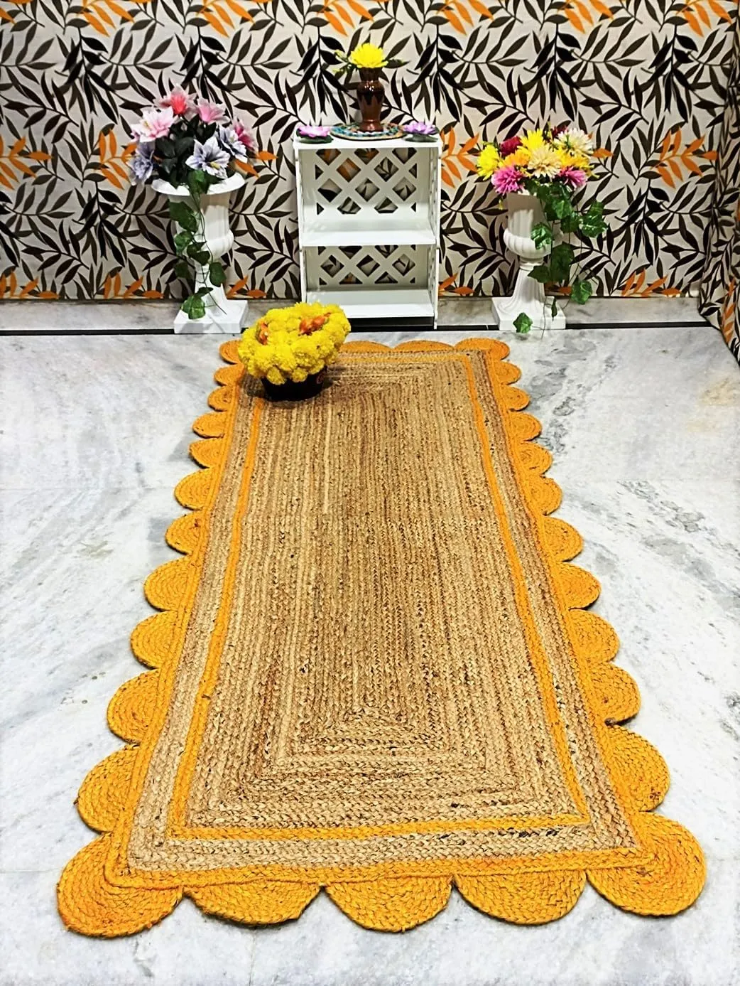 Beautiful Indian Handmade Braided Natural Jute with Yellow Scalloped Design Area Rug, Home Décor Rug Size - 2.6 x 9 Feet (78 cm x 270 cm)