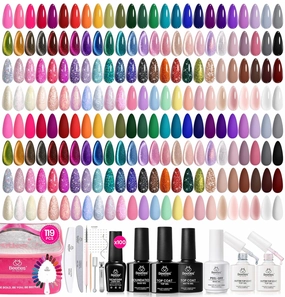 Beetles Gel Nail Polish Set,119 PCS 100 Colors Gel Polish Kit Base Glossy Matte Glitter Top Coat Neon Glitter Pearl Cat Eye White Red Pink Nude Nails Gift for Women Beetles Infinite Styles 100 Colors