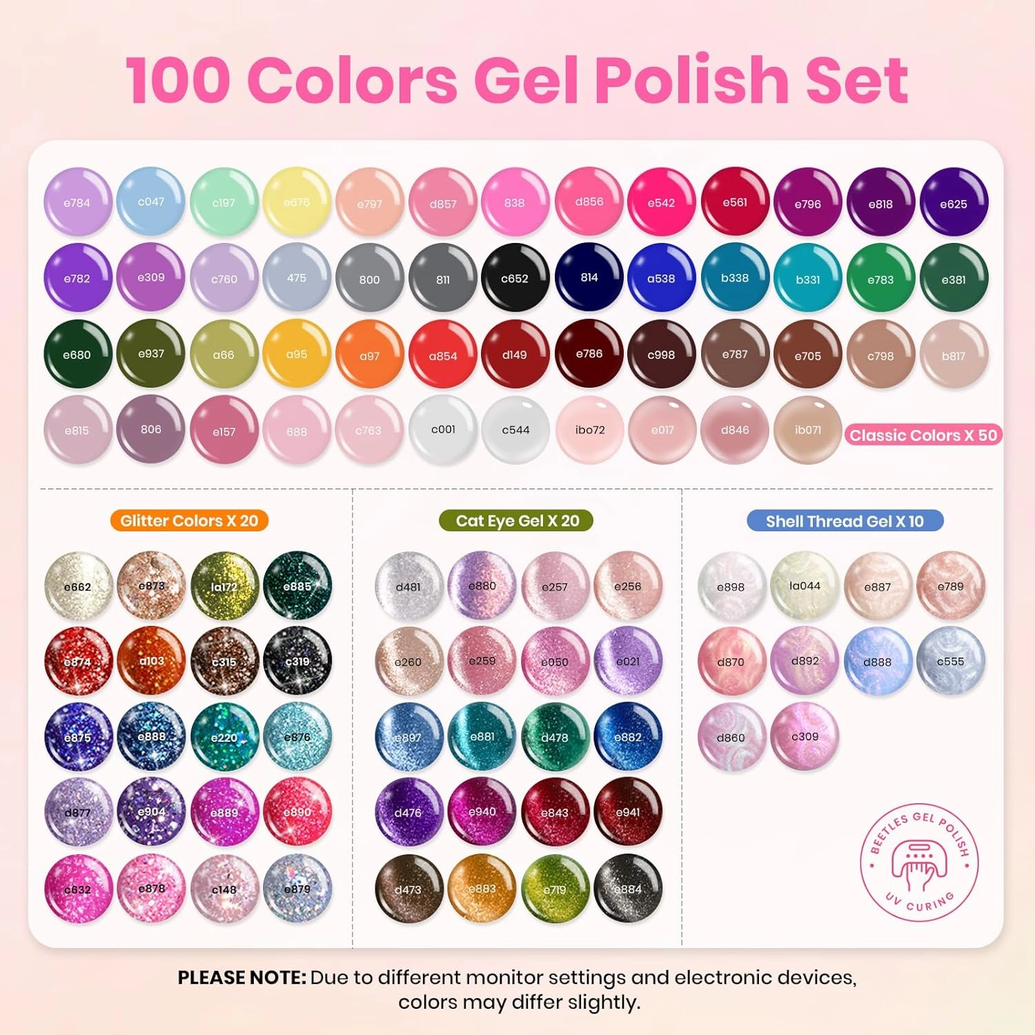 Beetles Gel Nail Polish Set,119 PCS 100 Colors Gel Polish Kit Base Glossy Matte Glitter Top Coat Neon Glitter Pearl Cat Eye White Red Pink Nude Nails Gift for Women Beetles Infinite Styles 100 Colors
