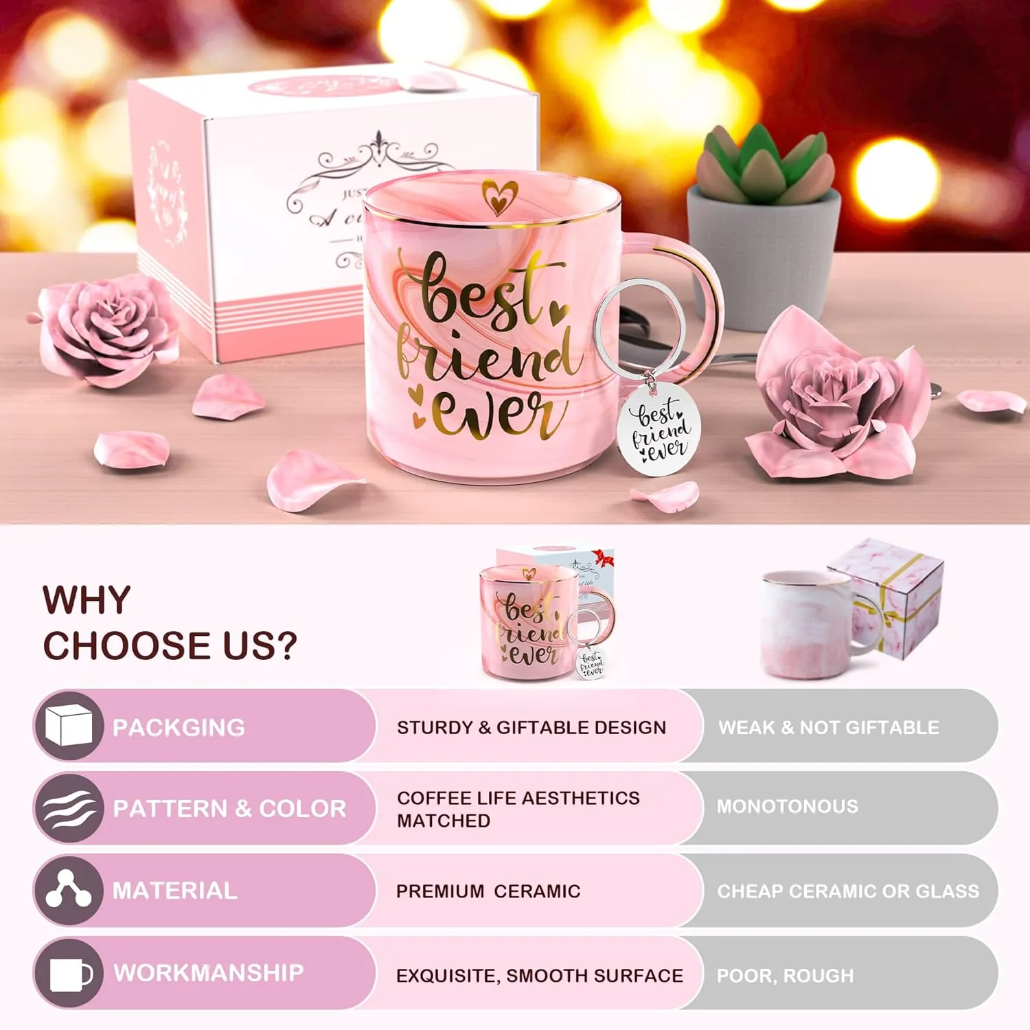 BFF Friend Gifts for Women - Pink Ceramic Marble Coffee Mug Cup 11.5oz w/ Keychain - BFF Friend Ever - Funny Friendship Gifts for Women - Novelty Present - Holiday Gifts for BFF, Besties, Sister, Her