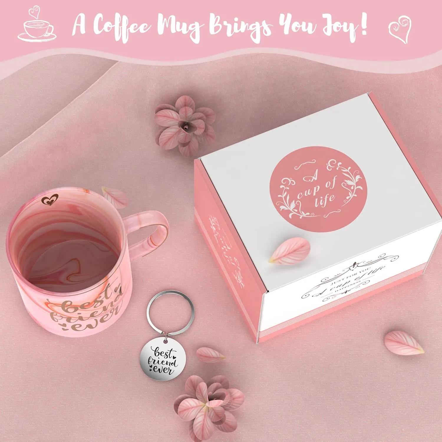 BFF Friend Gifts for Women - Pink Ceramic Marble Coffee Mug Cup 11.5oz w/ Keychain - BFF Friend Ever - Funny Friendship Gifts for Women - Novelty Present - Holiday Gifts for BFF, Besties, Sister, Her
