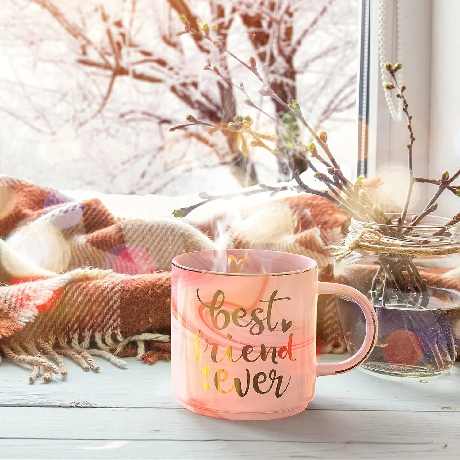 BFF Friend Gifts for Women - Pink Ceramic Marble Coffee Mug Cup 11.5oz w/ Keychain - BFF Friend Ever - Funny Friendship Gifts for Women - Novelty Present - Holiday Gifts for BFF, Besties, Sister, Her