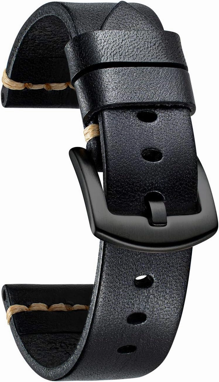 BINLUN Genuine Leather Watch Band Rubbing Leather Watch Straps Vegetable Tanned Leather Watch bands Handmade Top Grain Leather Watch bands for Men Women Black Silver Buckle 5 Sizes(18-26mm)