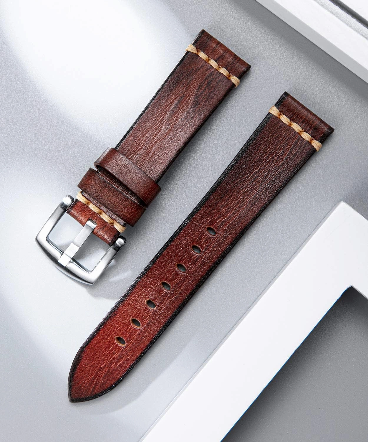 BINLUN Genuine Leather Watch Band Rubbing Leather Watch Straps Vegetable Tanned Leather Watch bands Handmade Top Grain Leather Watch bands for Men Women Black Silver Buckle 5 Sizes(18-26mm)