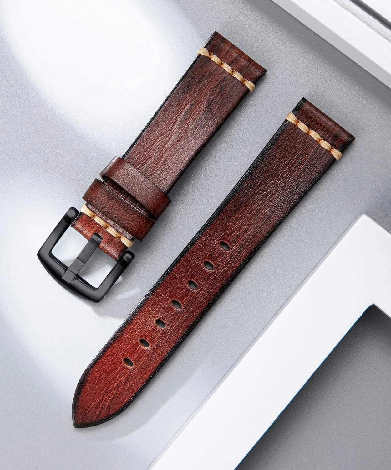 BINLUN Genuine Leather Watch Band Rubbing Leather Watch Straps Vegetable Tanned Leather Watch bands Handmade Top Grain Leather Watch bands for Men Women Black Silver Buckle 5 Sizes(18-26mm)
