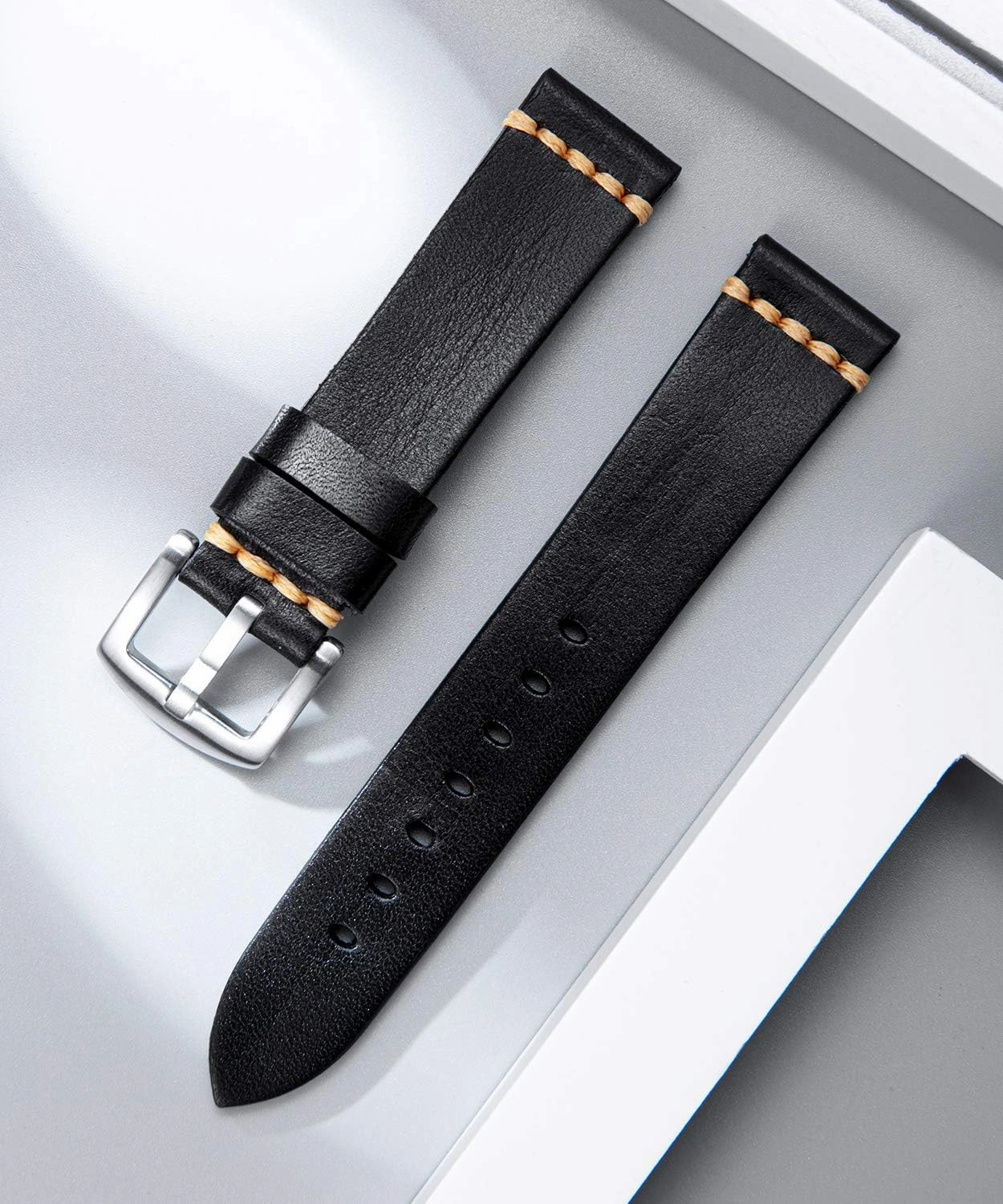 BINLUN Genuine Leather Watch Band Rubbing Leather Watch Straps Vegetable Tanned Leather Watch bands Handmade Top Grain Leather Watch bands for Men Women Black Silver Buckle 5 Sizes(18-26mm)