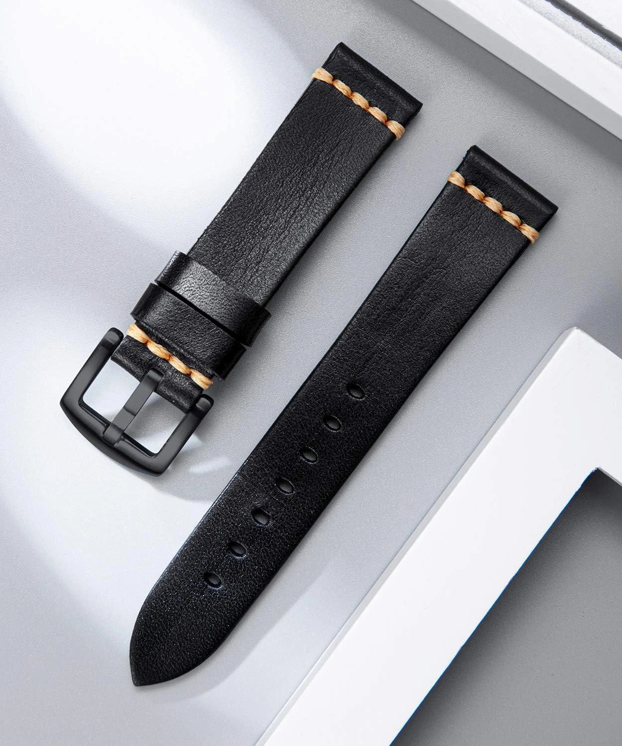 BINLUN Genuine Leather Watch Band Rubbing Leather Watch Straps Vegetable Tanned Leather Watch bands Handmade Top Grain Leather Watch bands for Men Women Black Silver Buckle 5 Sizes(18-26mm)