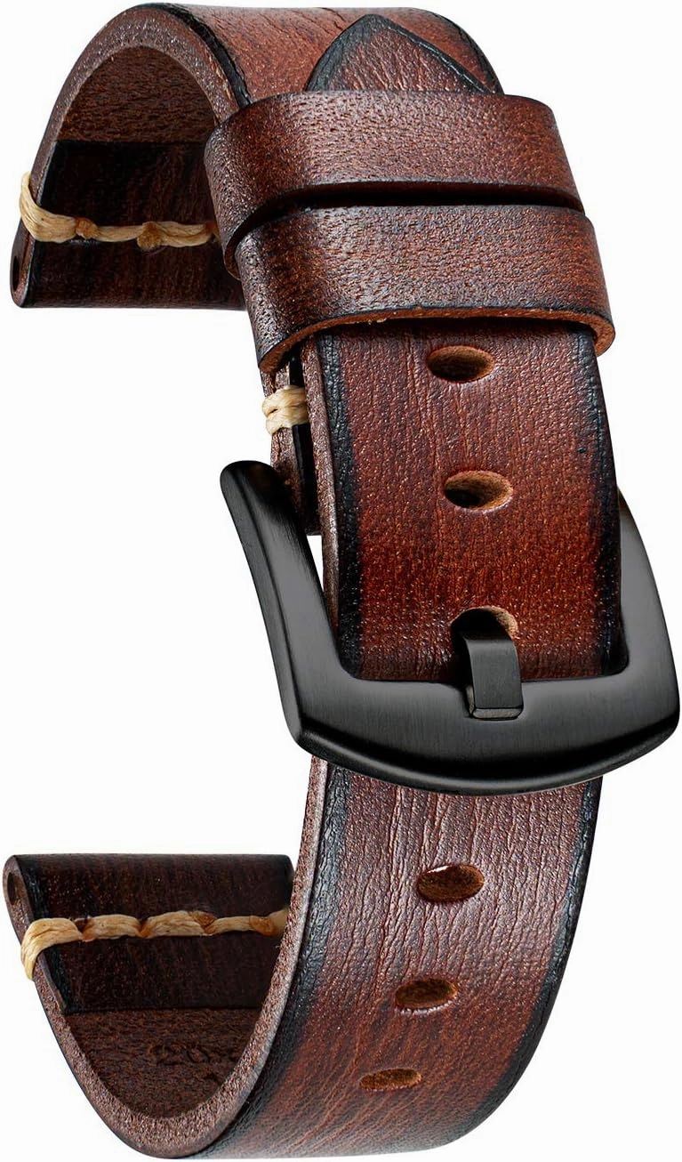 BINLUN Genuine Leather Watch Band Rubbing Leather Watch Straps Vegetable Tanned Leather Watch bands Handmade Top Grain Leather Watch bands for Men Women Black Silver Buckle 5 Sizes(18-26mm)